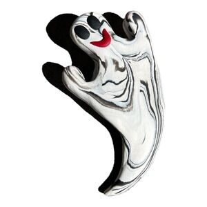 Halloween Art Ghost Black And White Wood Swirl Pin Brooch Hand Crafted Folk Art